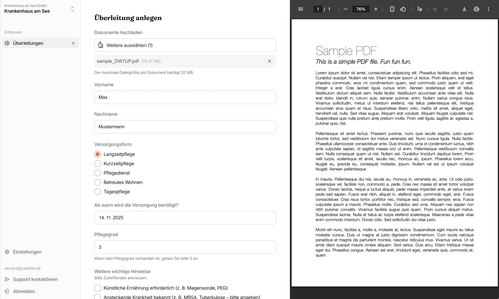carelist für Kliniken - Entlassmanagement - Überleitung erstellen - Recare Alternative